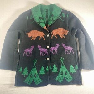 VTG Wooded River Coat Womens M Wool Western Cowgirl Tribal Southwestern Animals